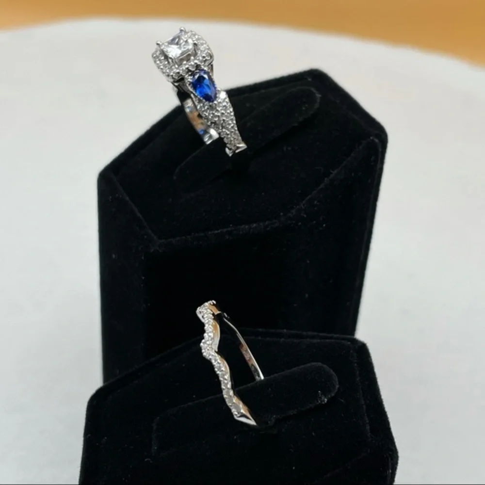 925 Sterling Silver‎ Diamond Sapphire 2 Band Wedding Bridal Engagement Ri…